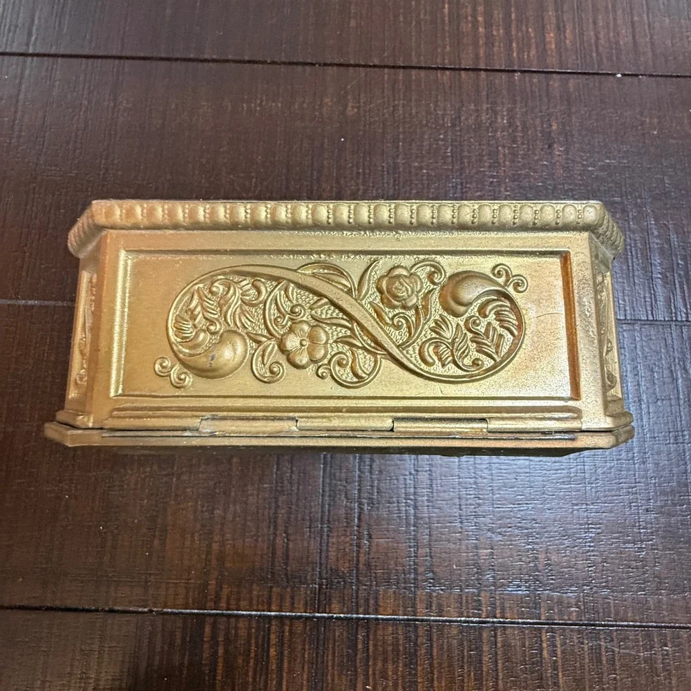Vintage Gold Brass Floral‎ Embossed Metal Trinket Jewelry Box Red Velvet Coffin